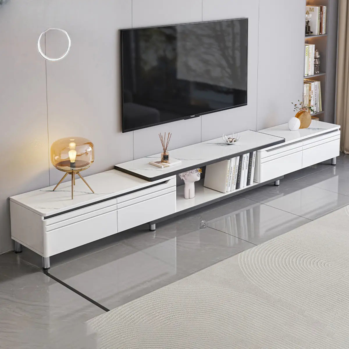 White Stone Open Storage Drawers Rectangle TV Stand