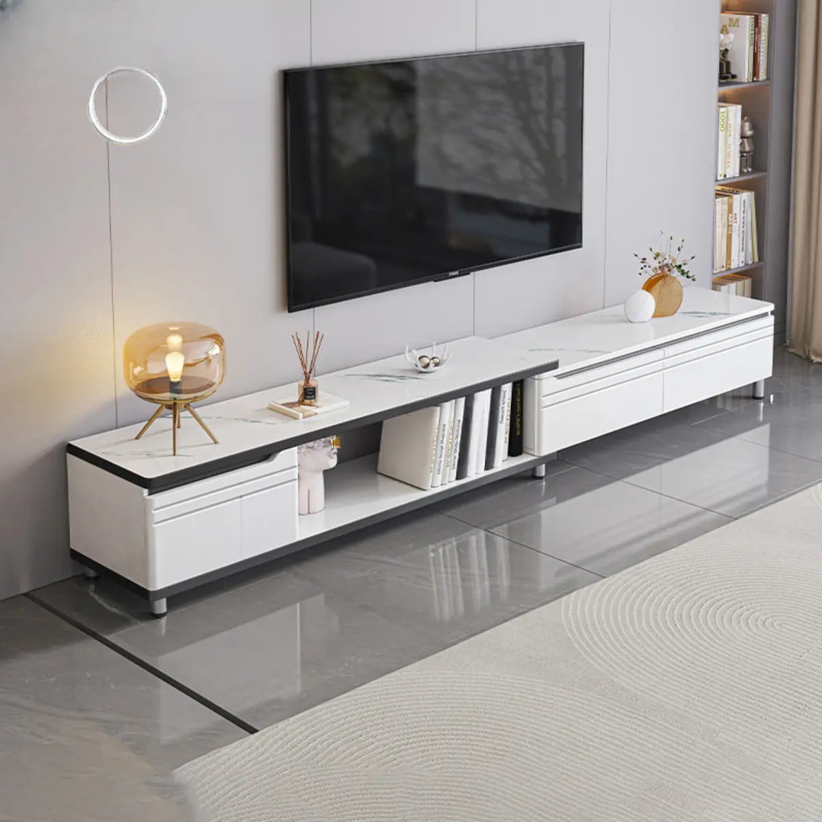 White Stone Open Storage Drawers Rectangle TV Stand