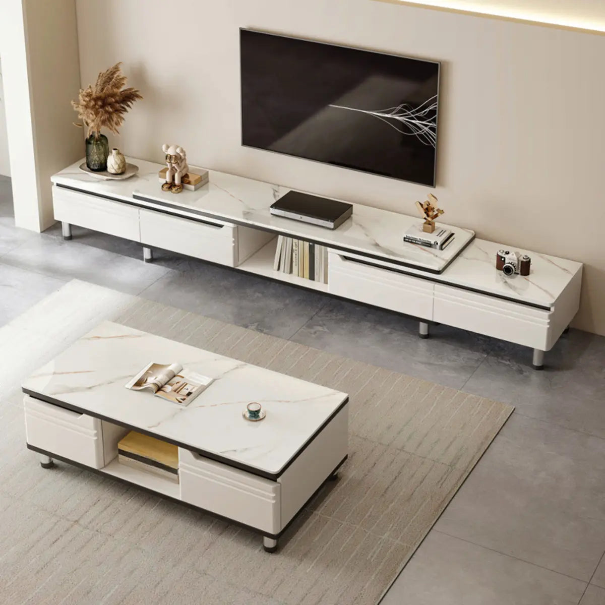 White Stone Open Storage Drawers Rectangle TV Stand