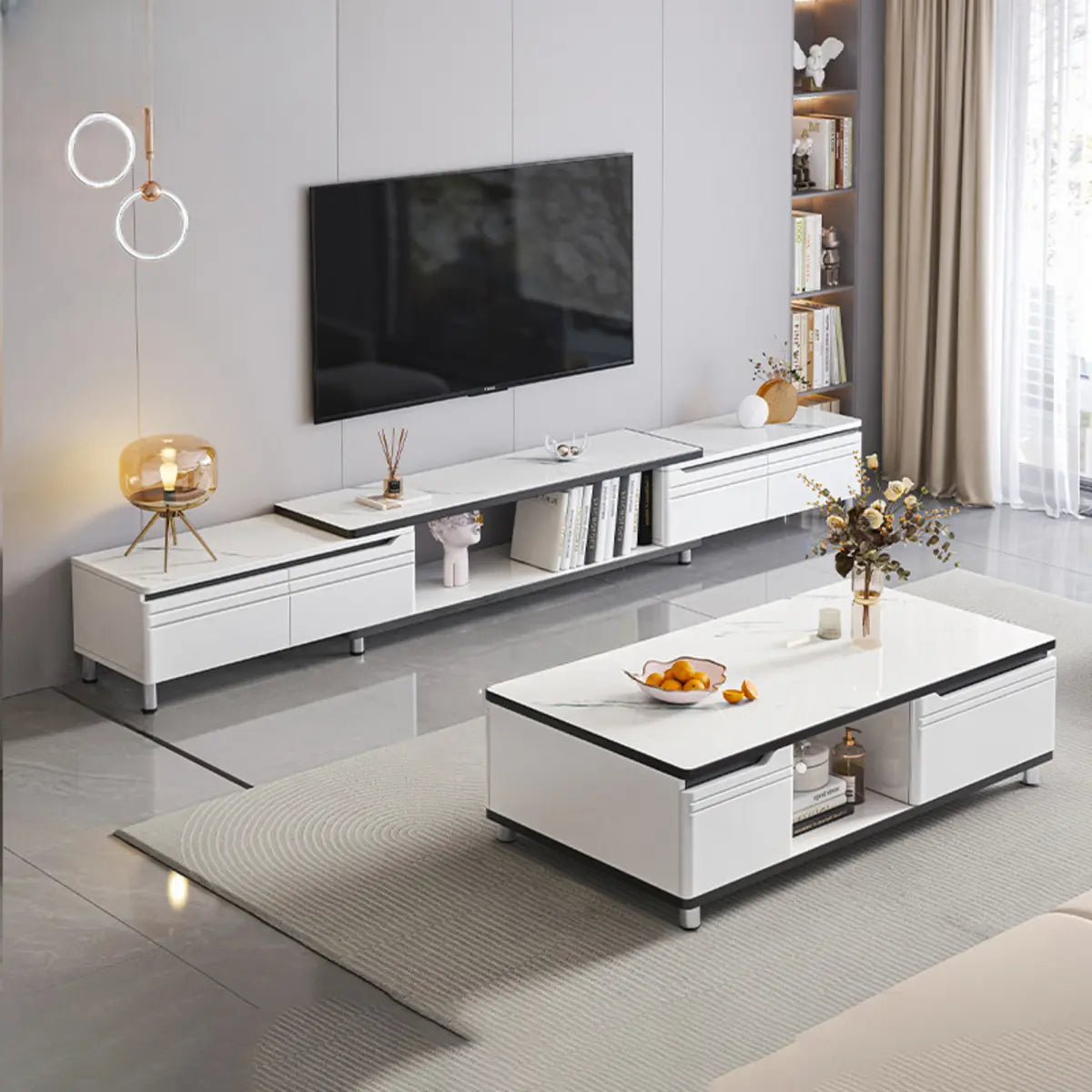 White Stone Open Storage Drawers Rectangle TV Stand