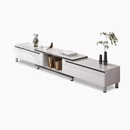 White Stone Open Storage Drawers Rectangle TV Stand