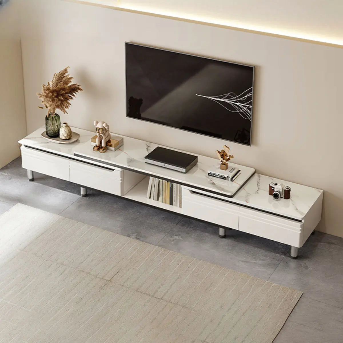 White Stone Open Storage Drawers Rectangle TV Stand