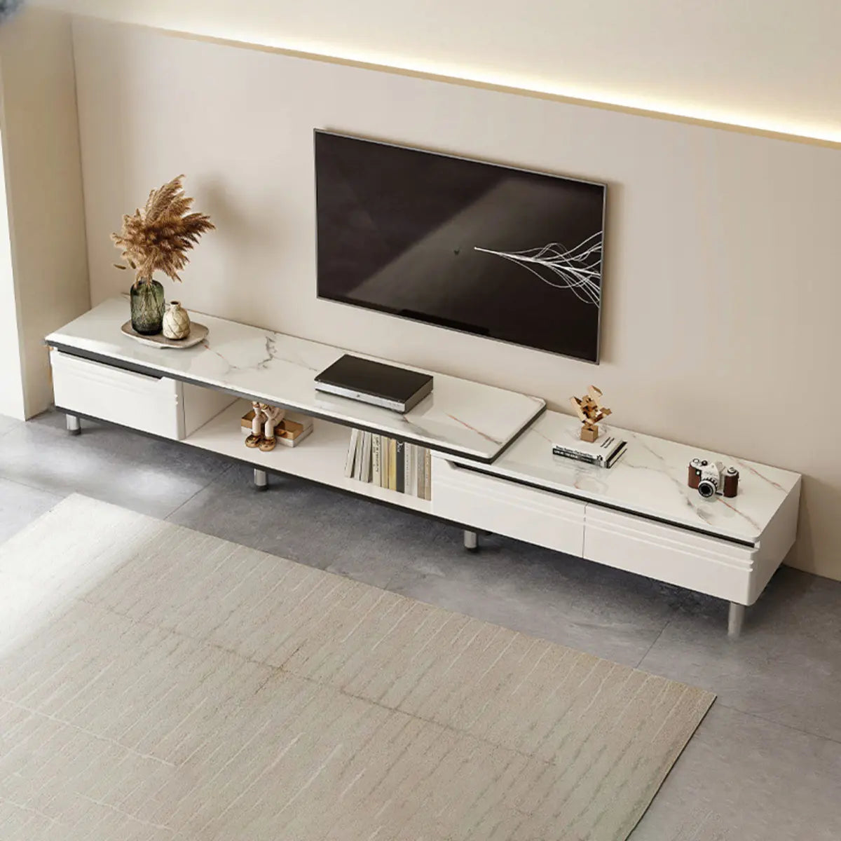 White Stone Open Storage Drawers Rectangle TV Stand