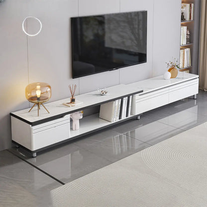 White Stone Open Storage Drawers Rectangle TV Stand