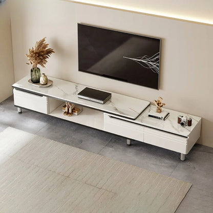 White Stone Open Storage Drawers Rectangle TV Stand