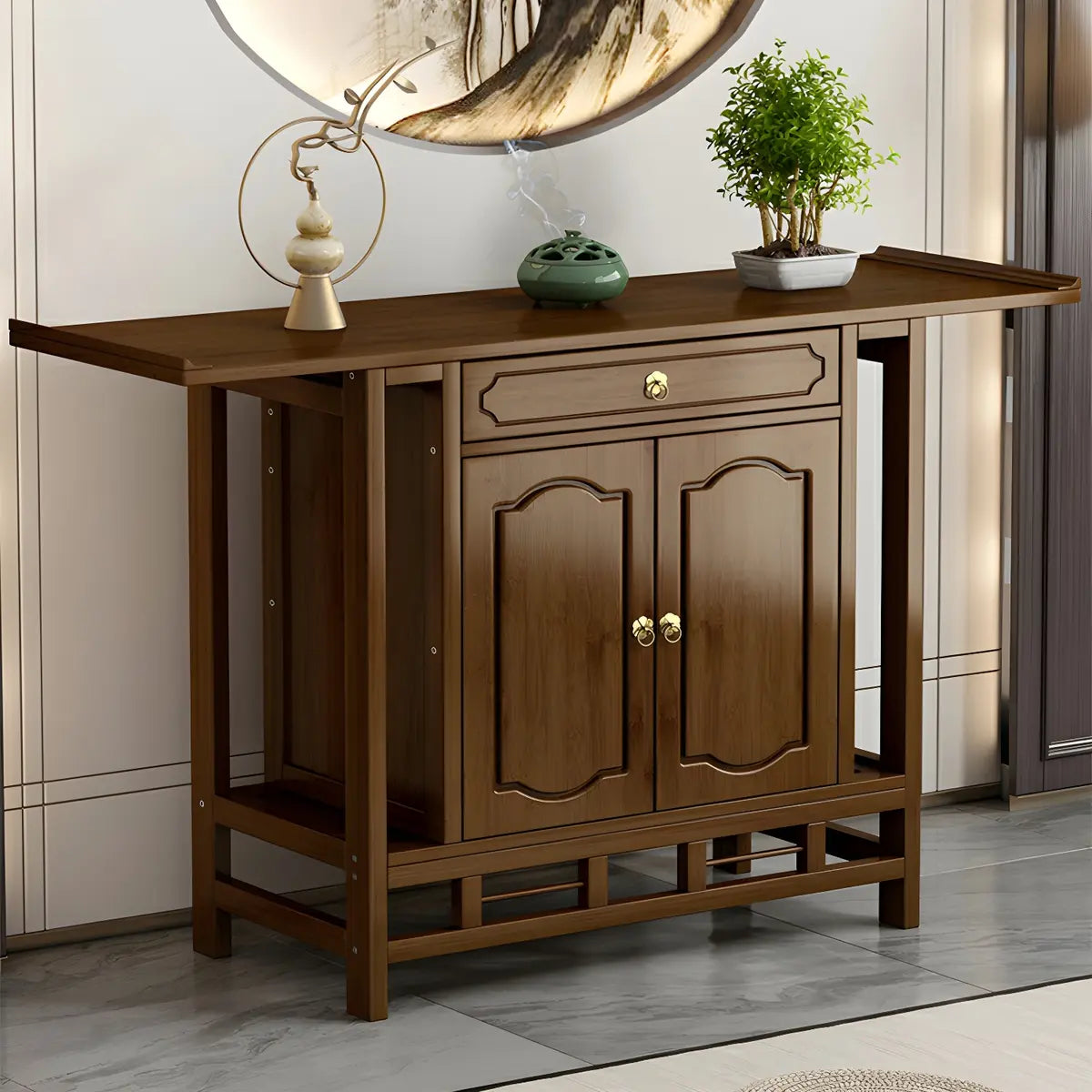 Wood Brown Drawer Storage Console Table with Floor Shelf