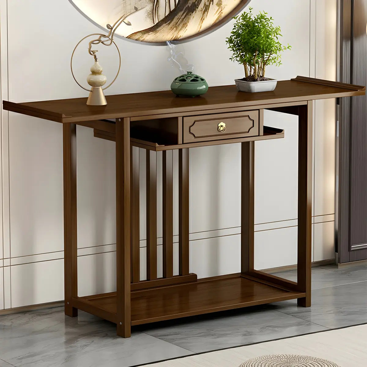 Wood Brown Drawer Storage Console Table with Floor Shelf