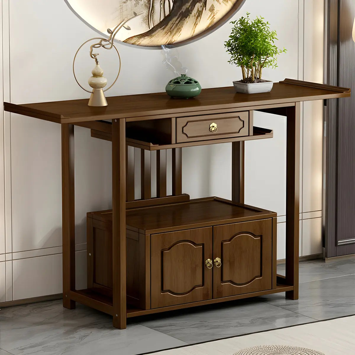 Wood Brown Drawer Storage Console Table with Floor Shelf