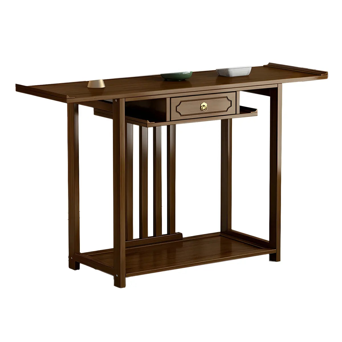 Wood Brown Drawer Storage Console Table with Floor Shelf